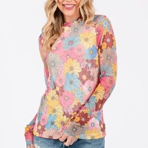 Ces Femme Multicolor Floral Long Sleeve Crewneck Mesh Top